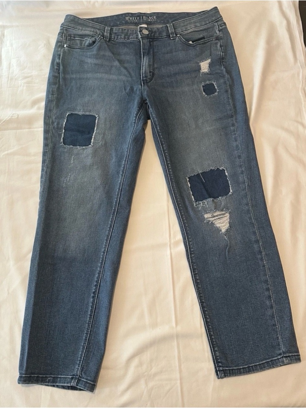 White House Black Market Blue Straight-Leg Patch & Distressed Jeans